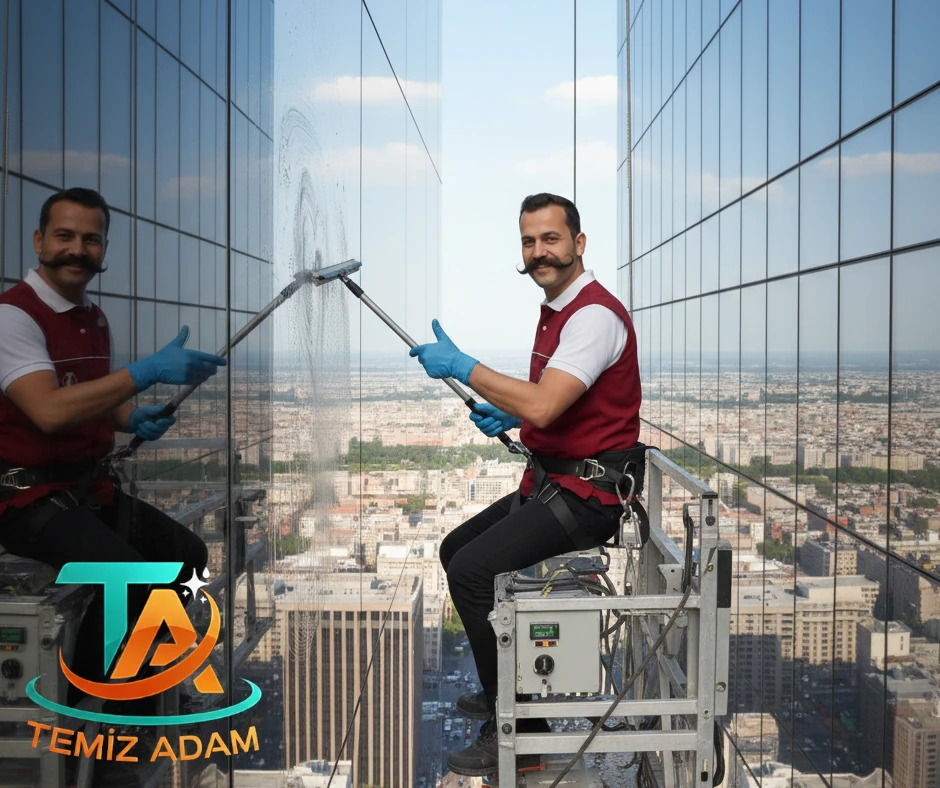 Sepetli vinç yardımıyla yapılan yüksek katlı bina ve plaza dış cephe cam temizliği
