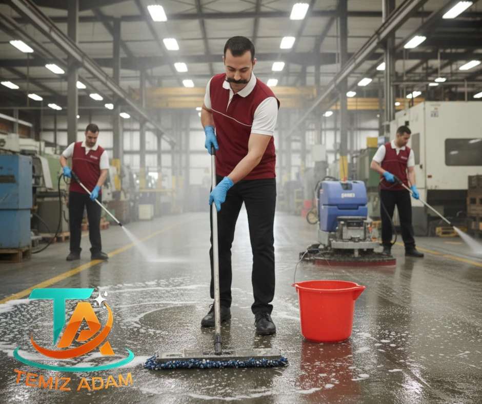 Endüstriyel zemin yıkama makinesi ile profesyonel fabrika temizliği uygulaması